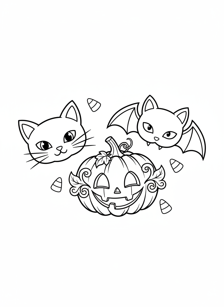 Whimsical Halloween Masks Coloring Page for Kids