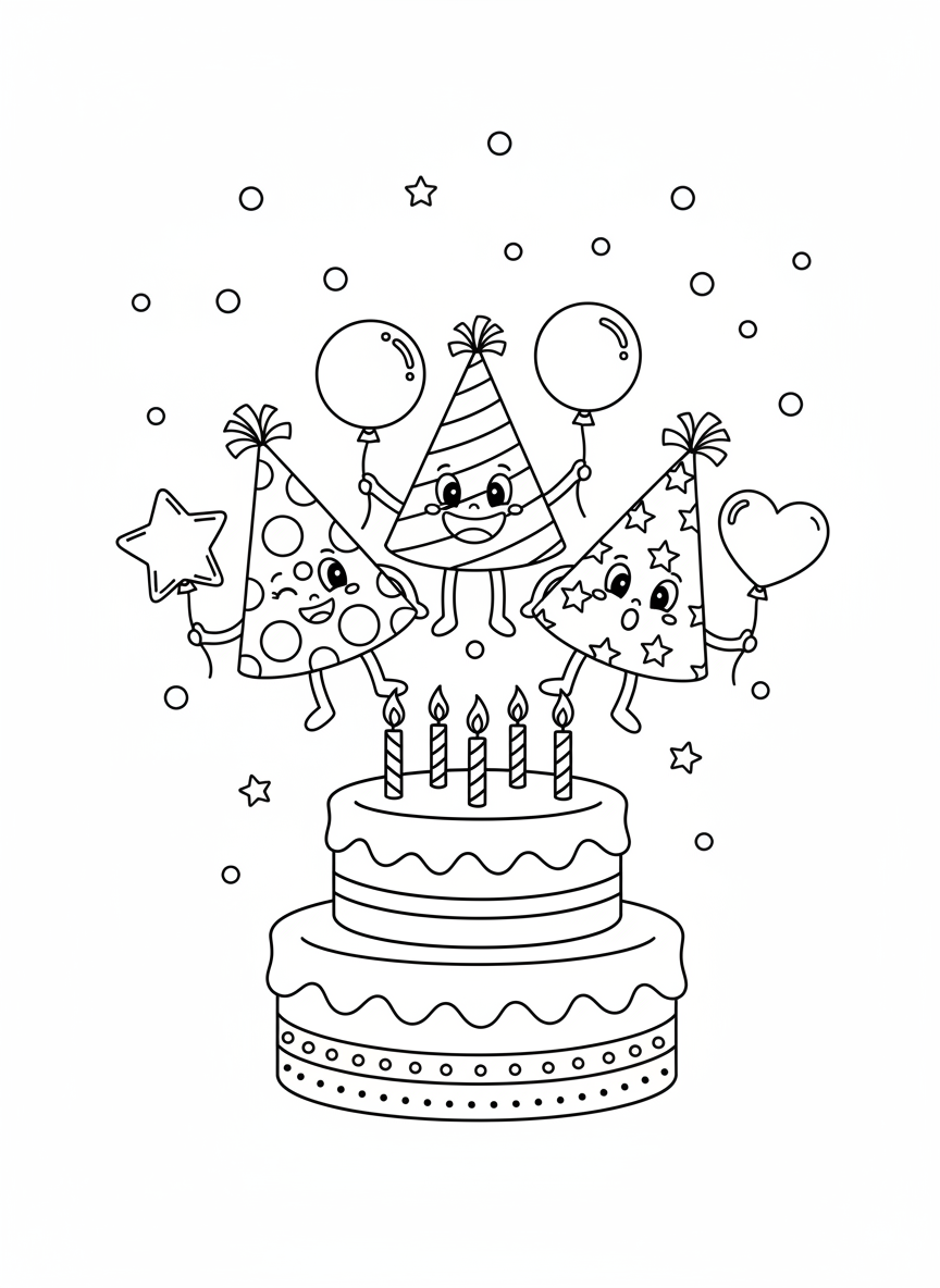 Whimsical Party Hats on Cake Coloring Page