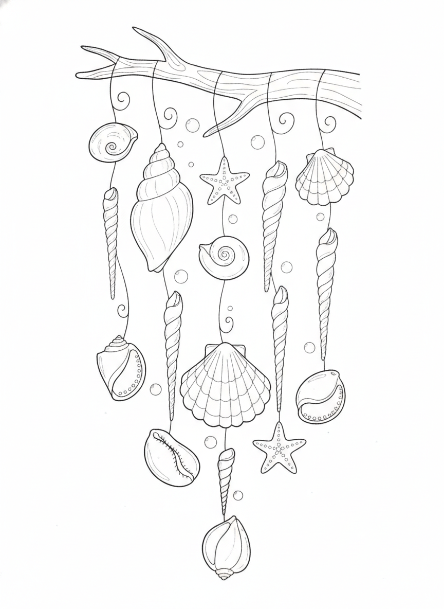 Whimsical Seashell Wind Chime Coloring Page for Kids