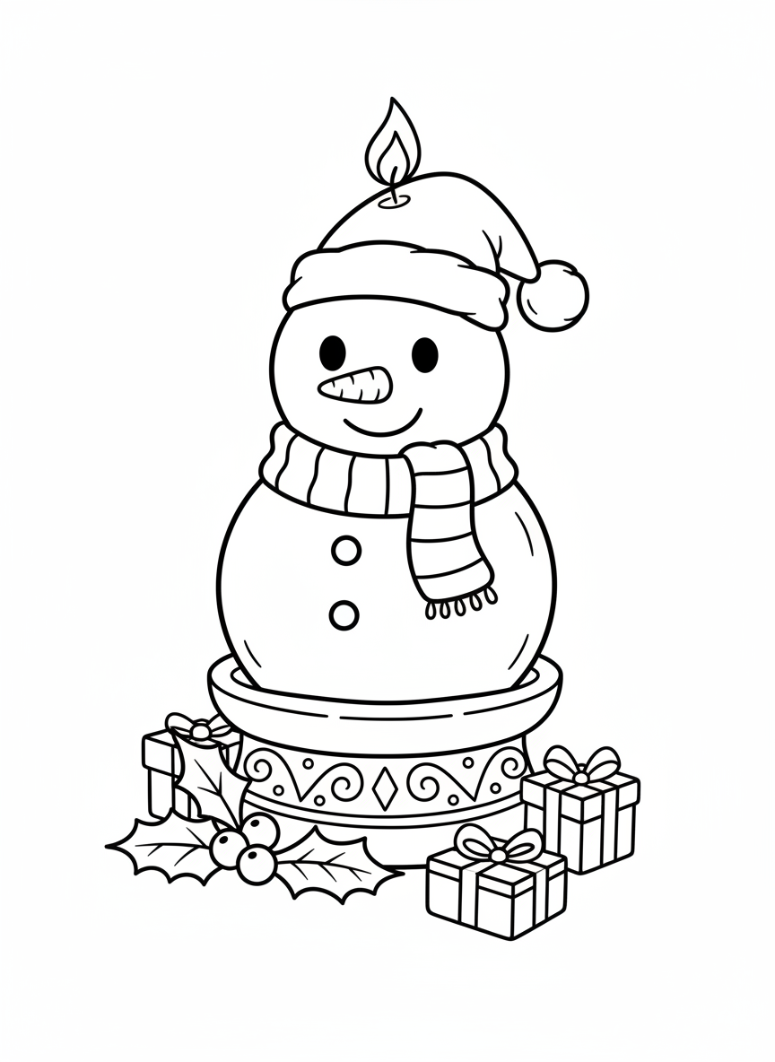 Whimsical Snowman Christmas Candle Coloring Page