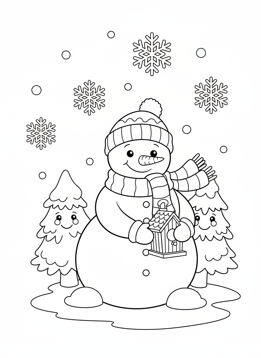 Whimsical Snowman in a Snowstorm Coloring Page