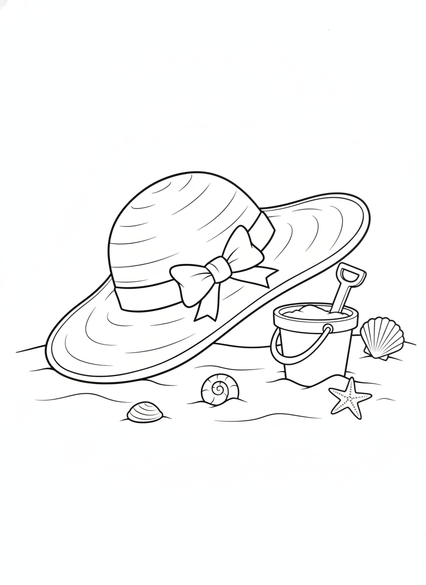 Whimsical Straw Hat Beach Scene Coloring Page for Kids