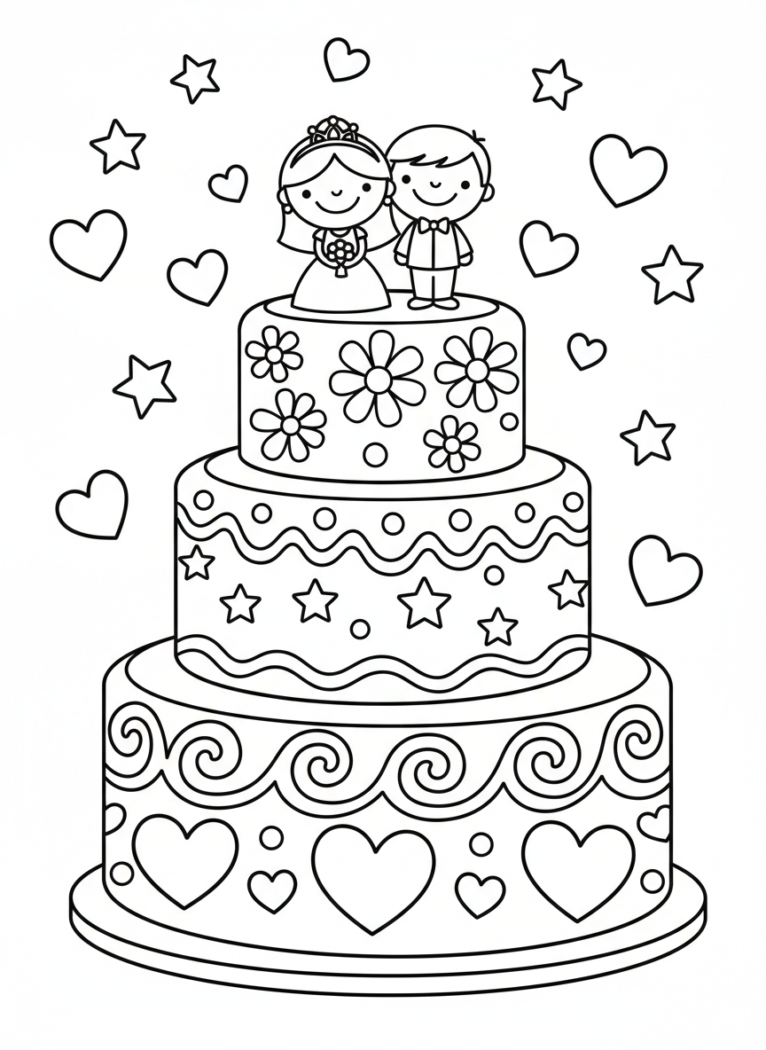 Whimsical Wedding Cake Coloring Page for Kids