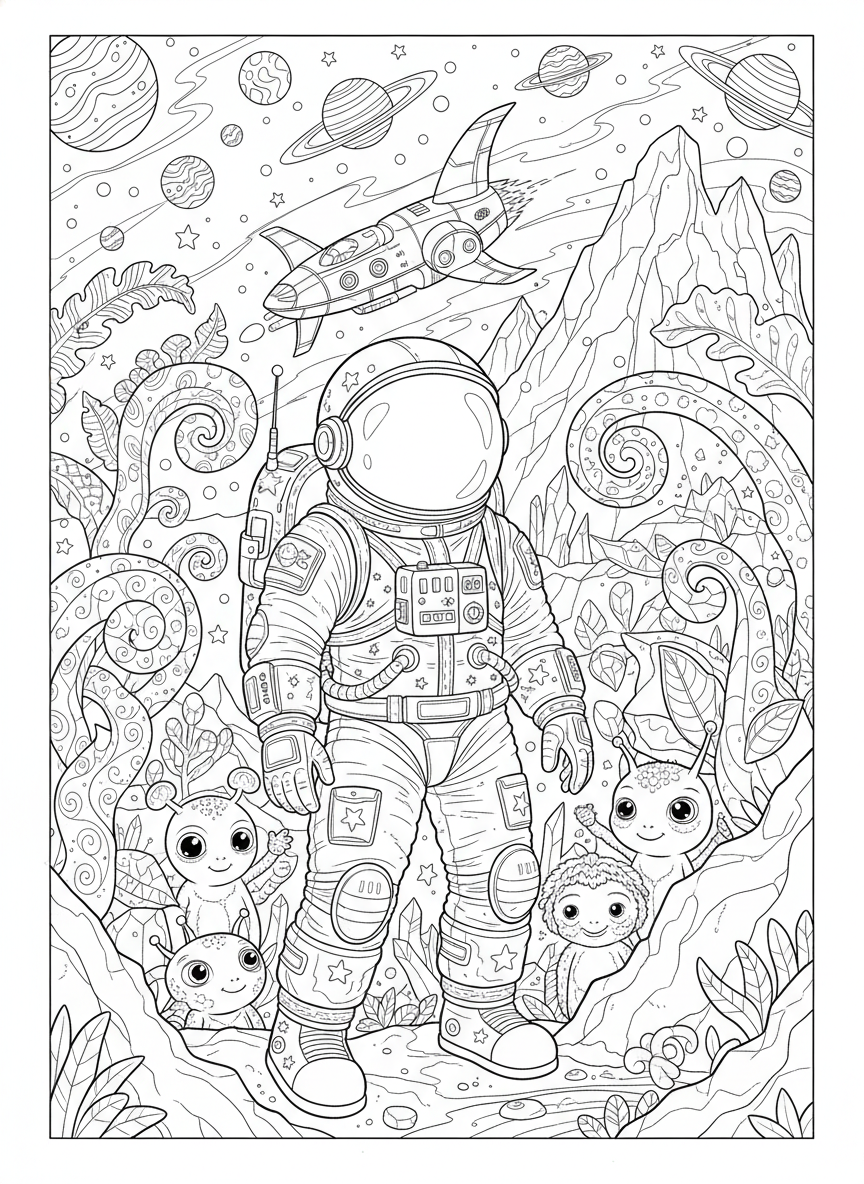 Astronaut's Detailed Alien Planet Exploration Coloring Page for Kids