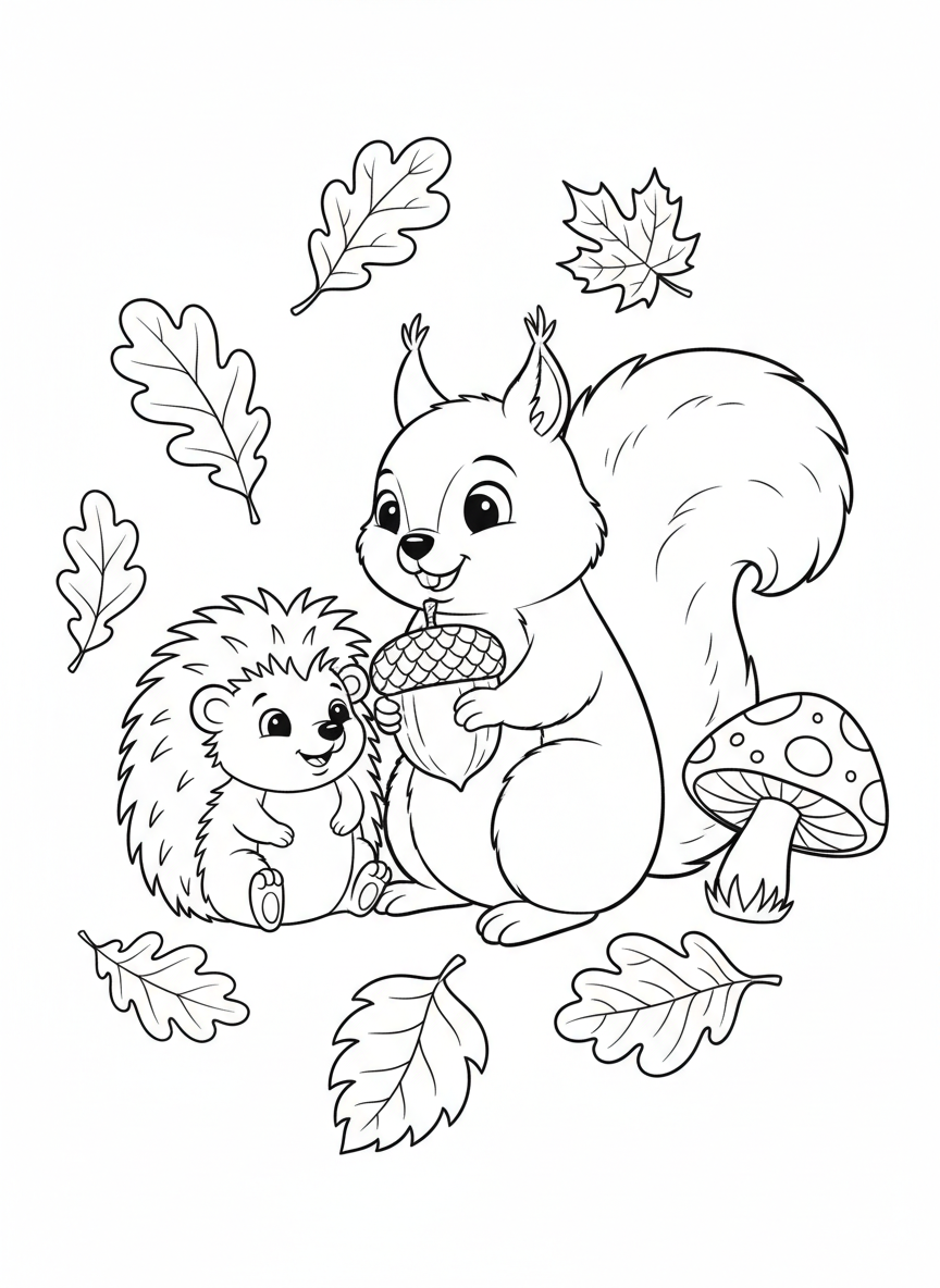 Autumn Friends: Squirrel and Hedgehog Coloring Page