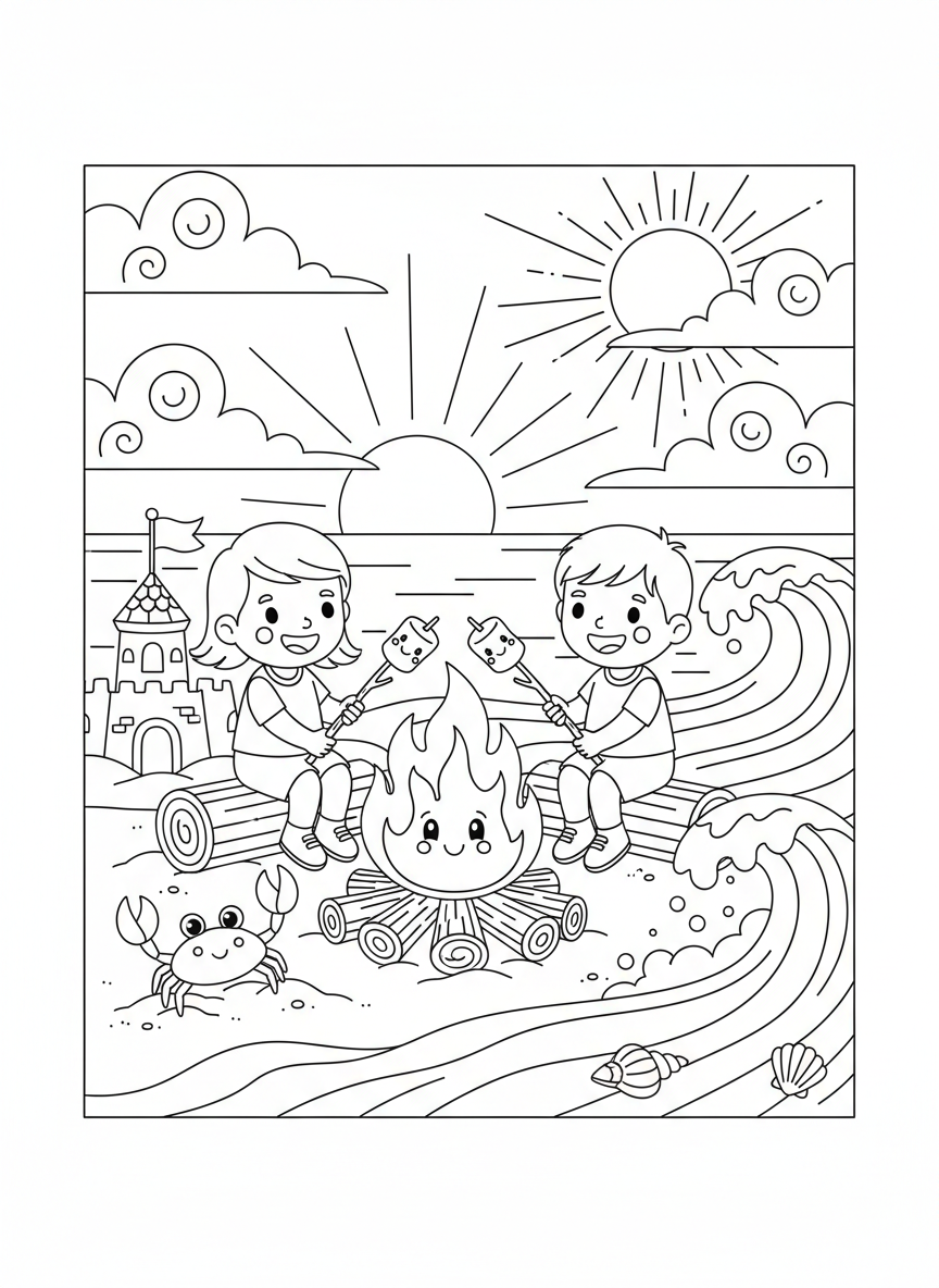 Beach Bonfire Fun at Sunset Coloring Page