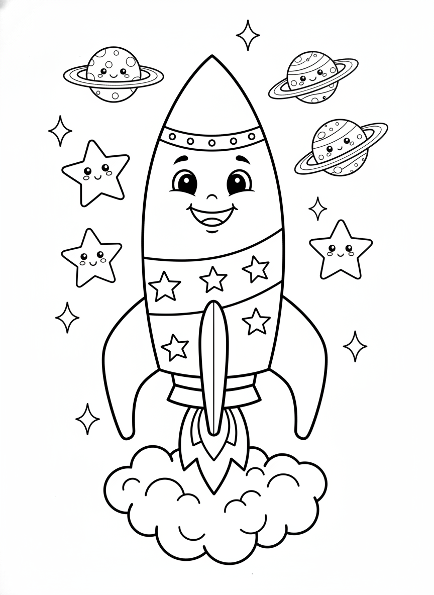 Blast Off Fun! Cheerful Cartoon Rocket & Planets Coloring Page for Kids