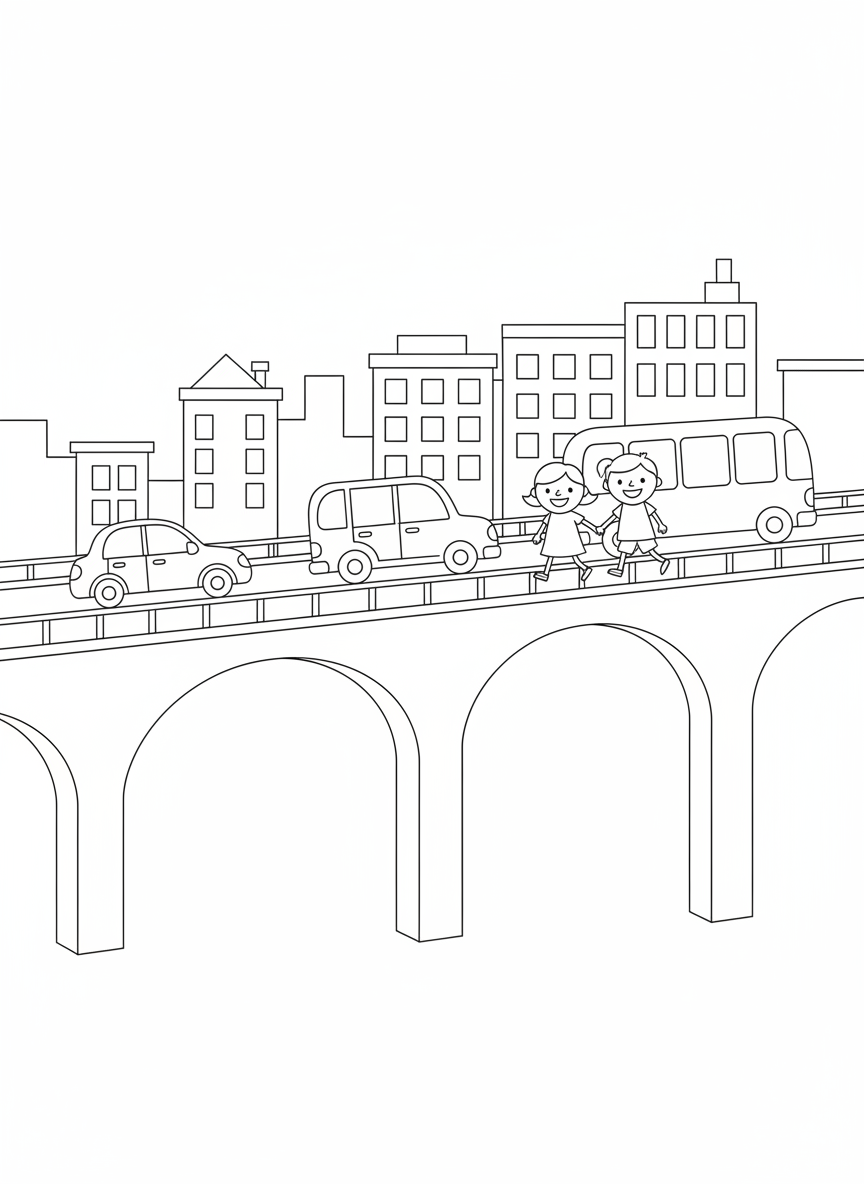 Busy City Bridge Coloring Page