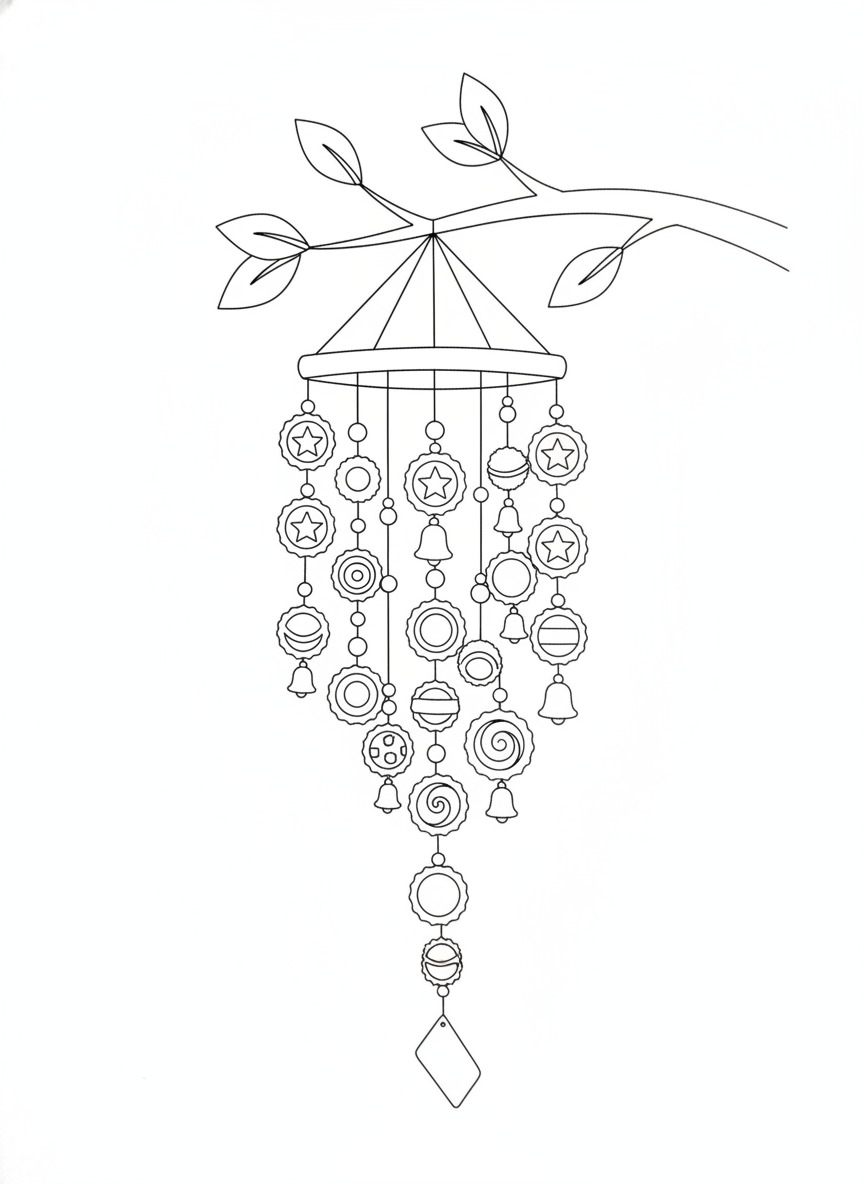 Charming Bottle Cap Wind Chime Coloring Page for Kids