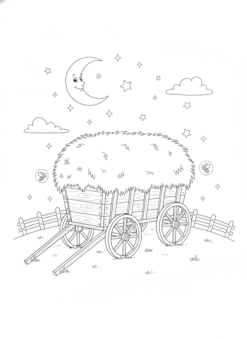 Charming Hay Cart Under Starry Night Sky with Fireflies Coloring Page