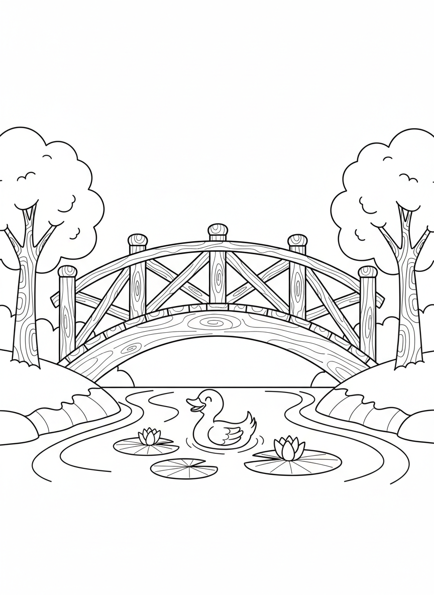 Charming Wooden Bridge & Duck River Scene Coloring Page for Kids