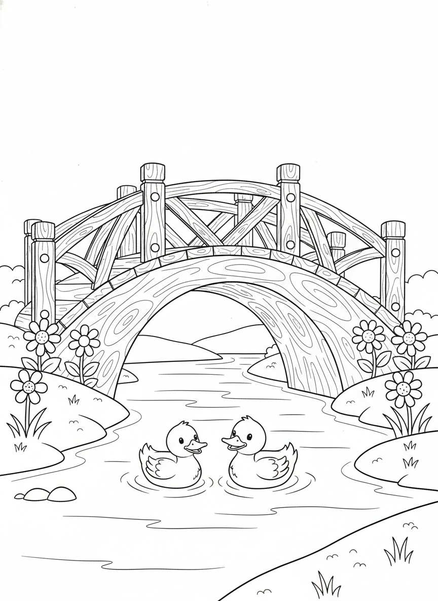 Charming Wooden Bridge & Ducks Coloring Page for Kids