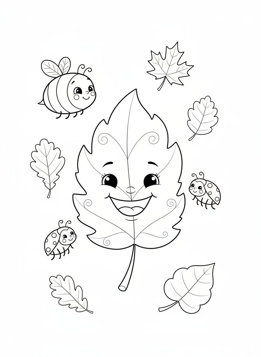 Cheerful Autumn Leaf & Friends Kids Coloring Page
