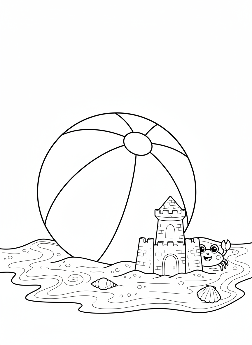 Cheerful Beach Day Coloring: Sandcastle, Beach Ball & Friendly Crab