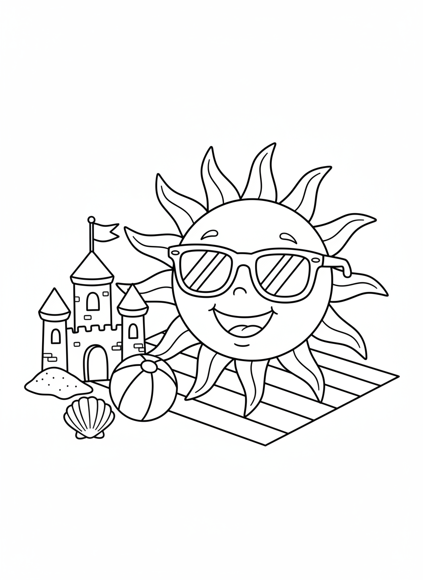 Cheerful Sun on the Beach Coloring Page for Kids