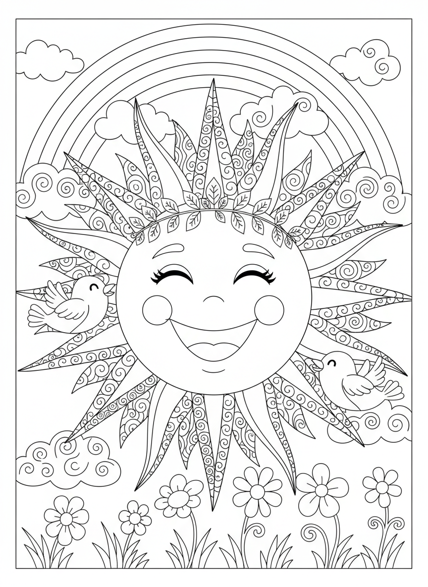 Cheerful Sun & Rainbow Coloring Page for Kids
