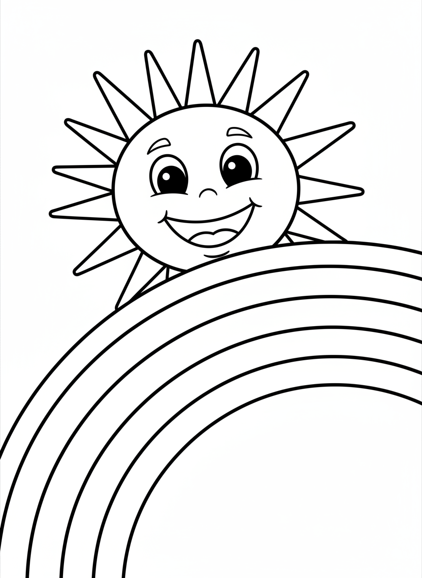Cheerful Sun & Rainbow Kids' Coloring Page - Easy Cartoon Fun