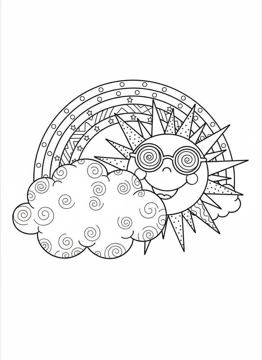 Cheerful Sun & Rainbow Kids Coloring Page