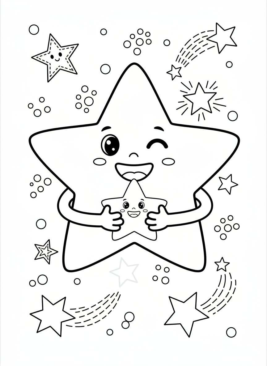 Cheerful Winking Star & Baby Star Coloring Page for Kids
