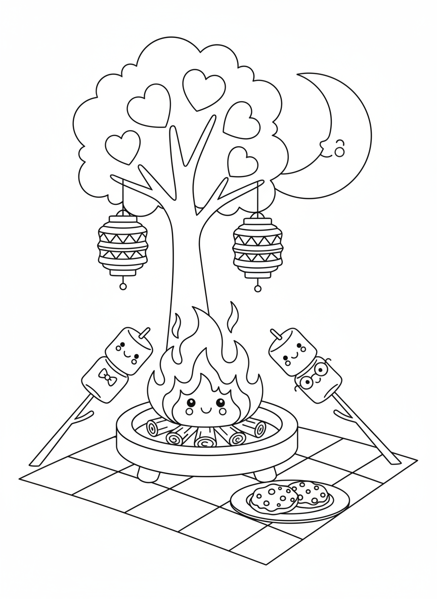 Cozy Backyard Fire Pit Party Coloring Page