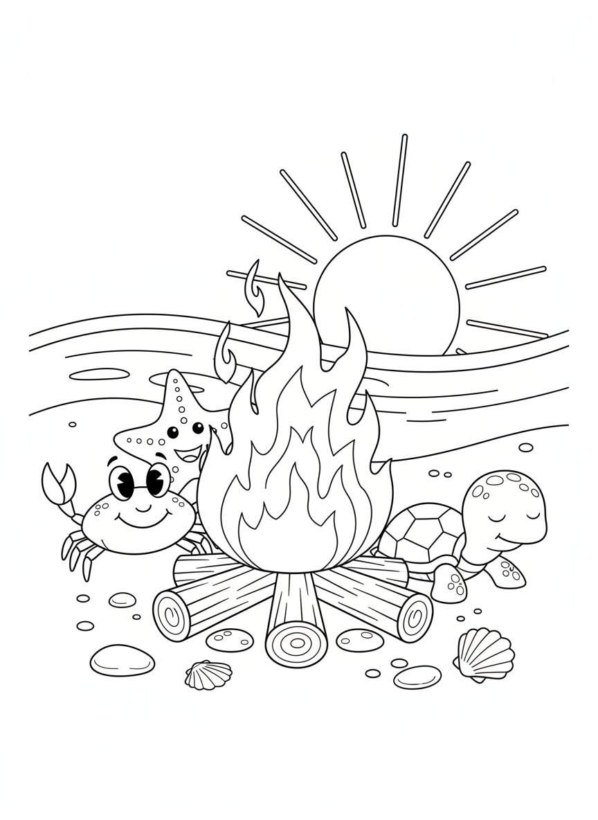 Cozy Beach Bonfire Sunset Coloring Page