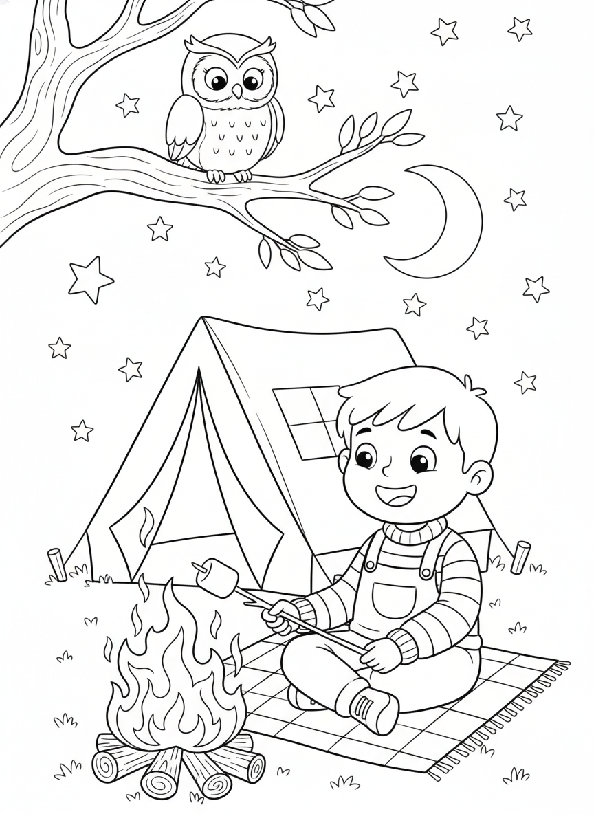 Cozy Camping Adventure Coloring Page for Kids