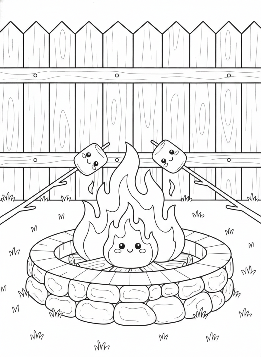 Cute Backyard Fire Pit Coloring Page with Marshmallows