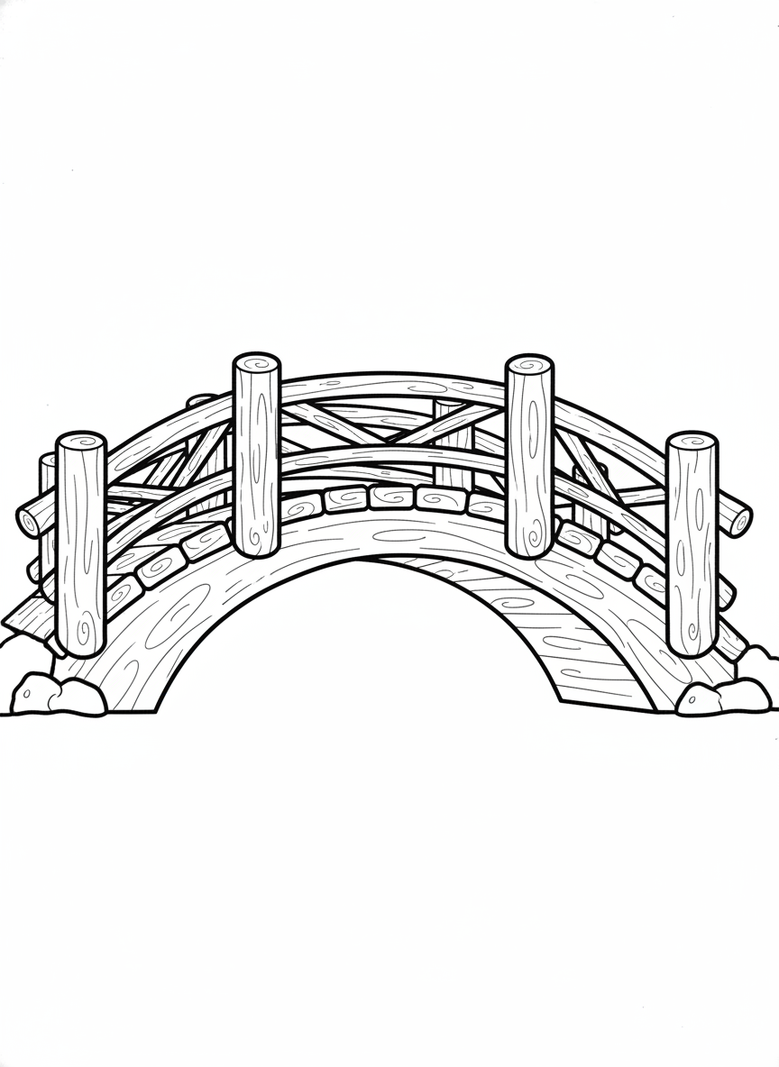 Cute Cartoon Wooden Bridge Coloring Page for Kids
