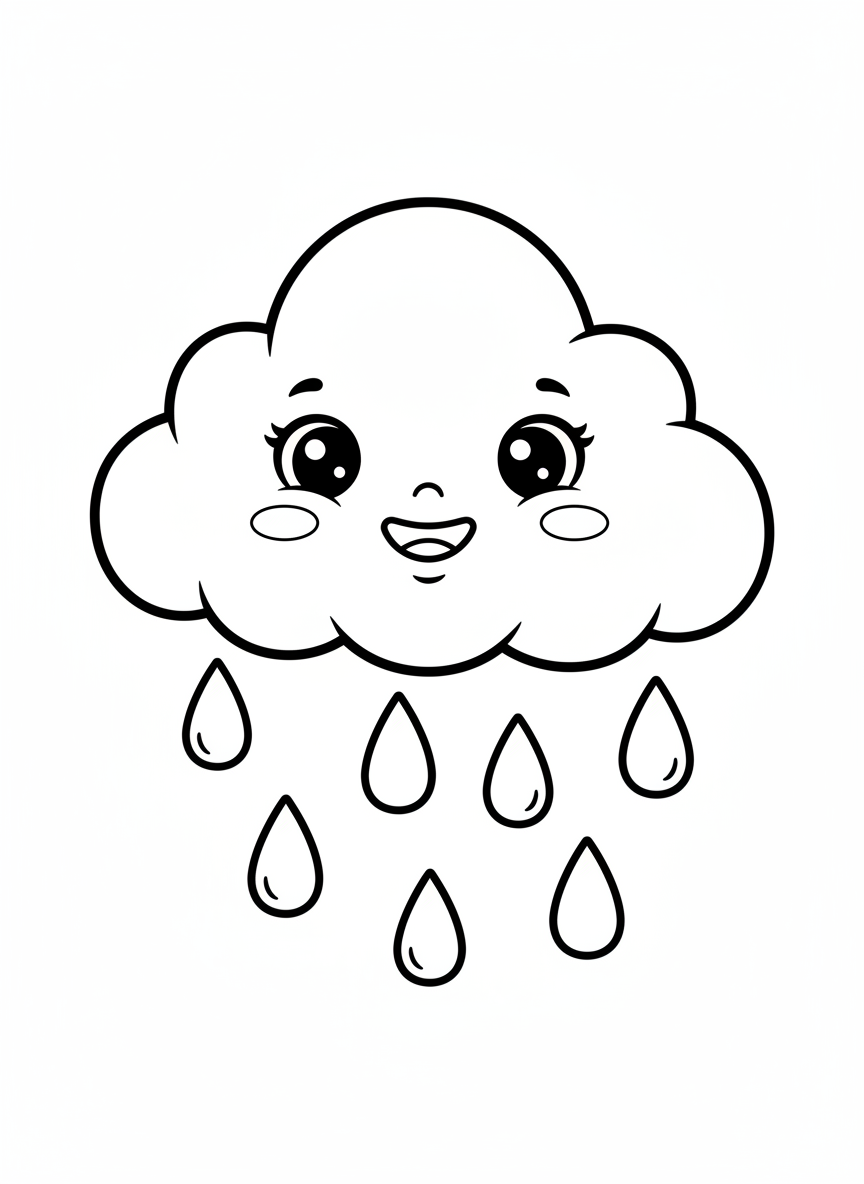 Cute Cloud and Raindrops Coloring Page for Kids