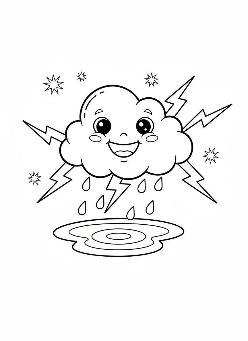 Cute Cloud & Lightning Coloring Page for Kids