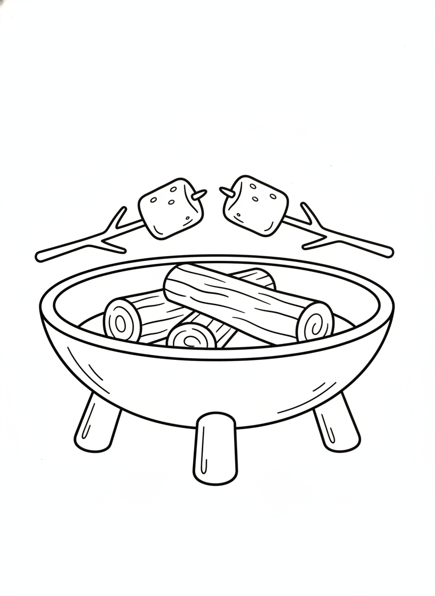 Cute Portable Fire Pit Coloring Page with Marshmallows