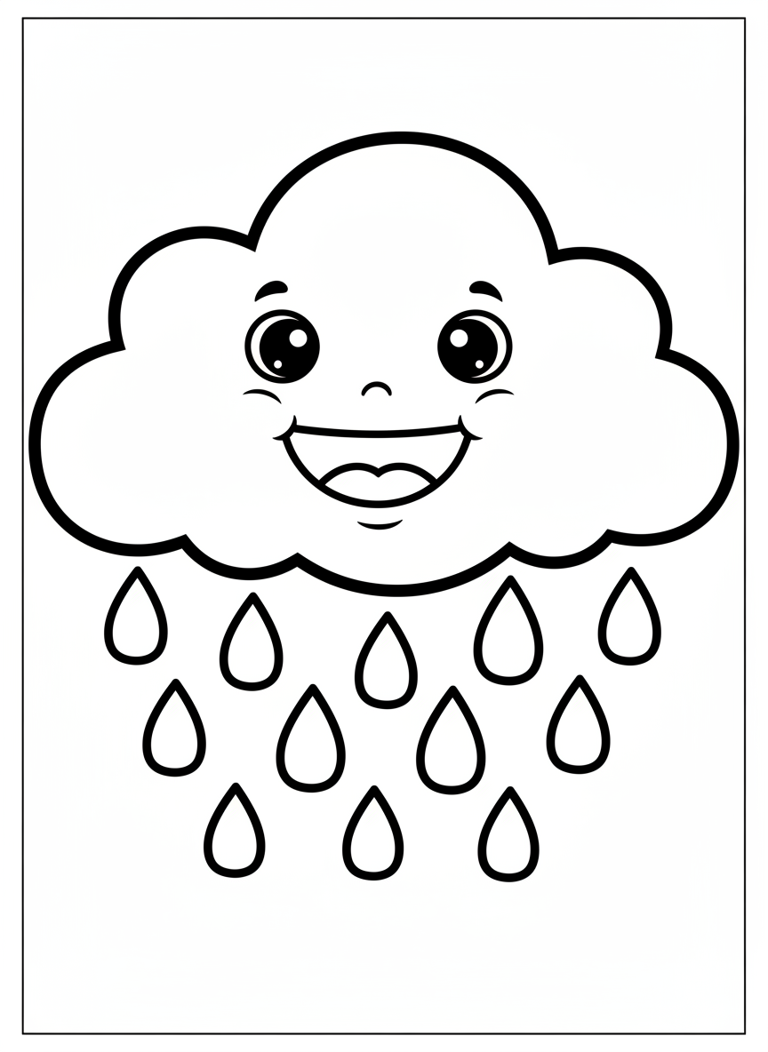 Cute Smiling Cloud Raining Simple Drops Kids Coloring Page
