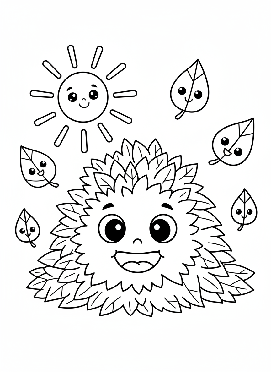 Cute Smiling Leaf Pile & Sun Coloring Page for Kids