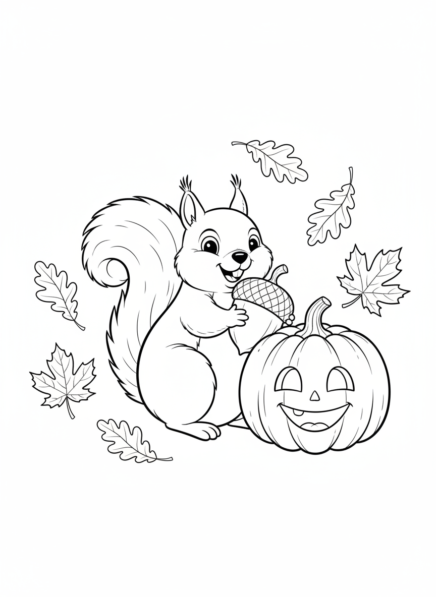 Cute Squirrel & Smiling Pumpkin Autumn Coloring Page