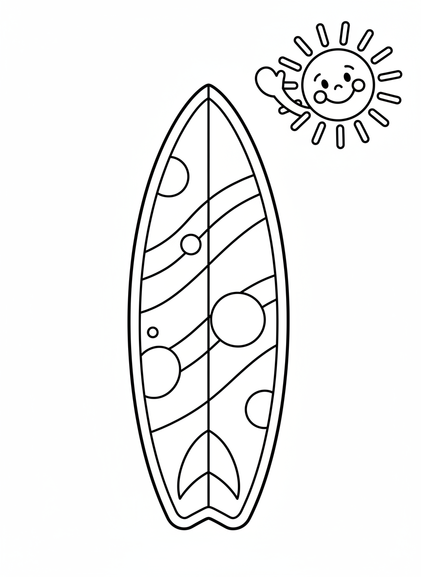 Cute Surfboard & Waving Sun Coloring Page