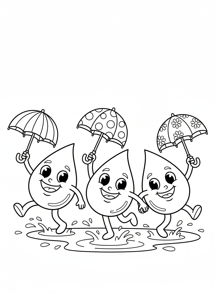 Dancing Raindrops with Umbrellas Coloring Page