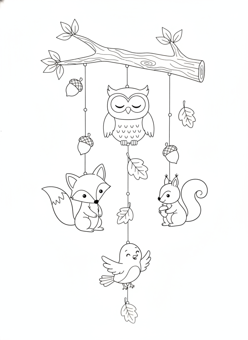 Delightful Forest Animal Wind Chime Coloring Page for Kids