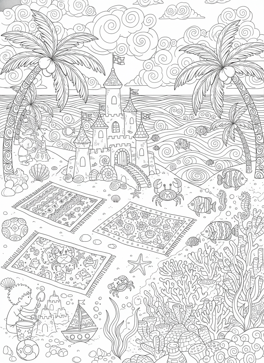 Detailed Beach Day Coloring Page: Sandcastles, Ocean Life & Fun