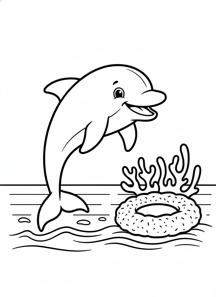 Dolphin Plays Near Reef Coloring Page