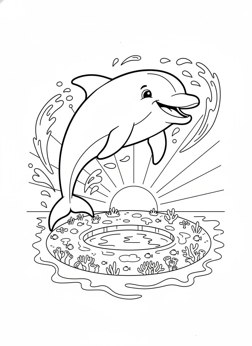 Dolphin's Leap at Sunset Coloring Page