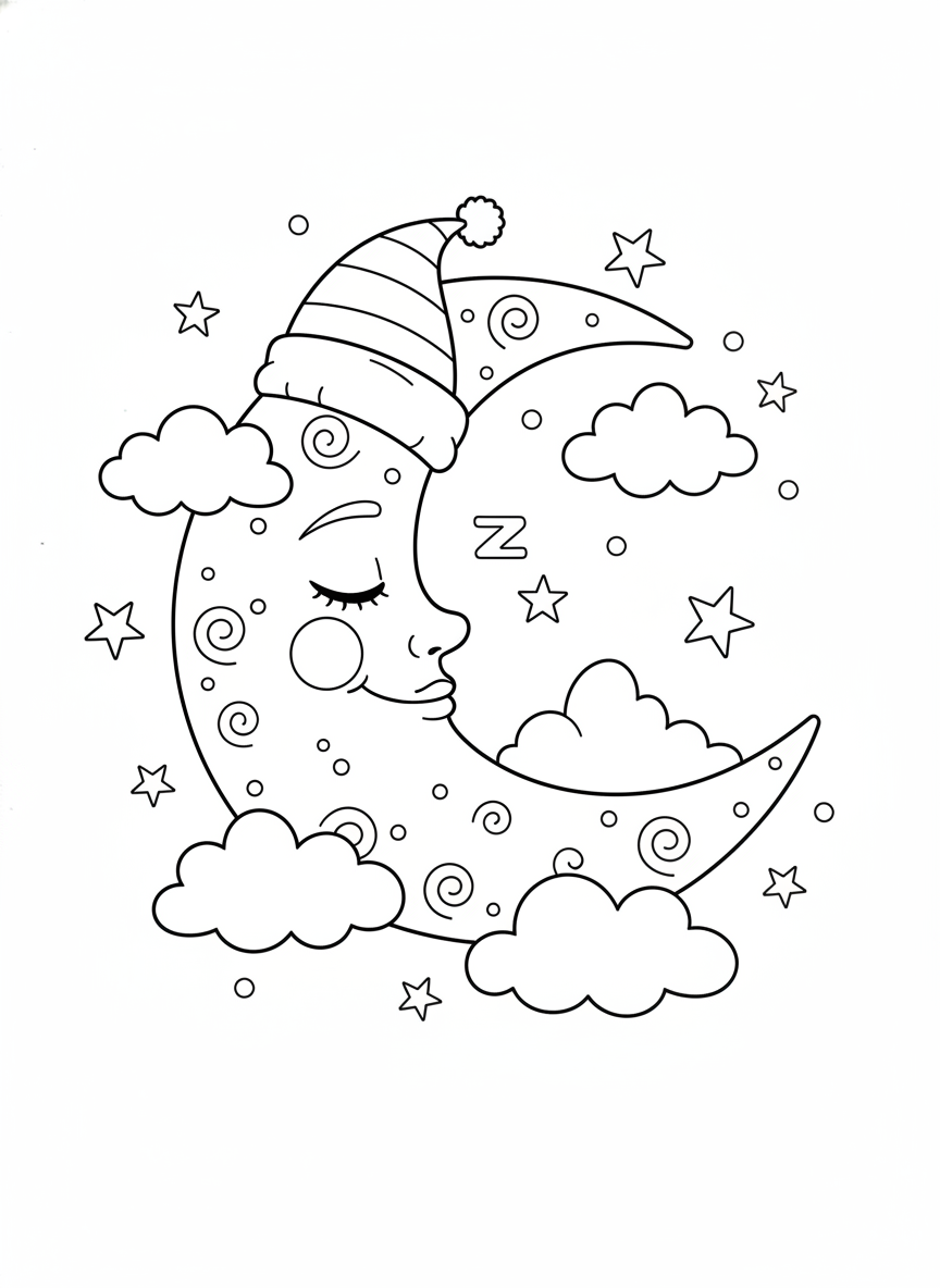 Dreamy Sleeping Moon Coloring Page for Kids with Stars and Clouds