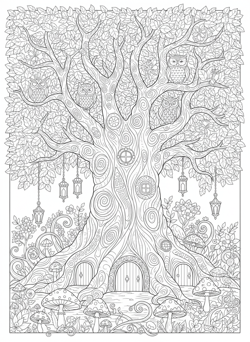 Enchanted Ancient Tree in a Whimsical Forest Coloring Page