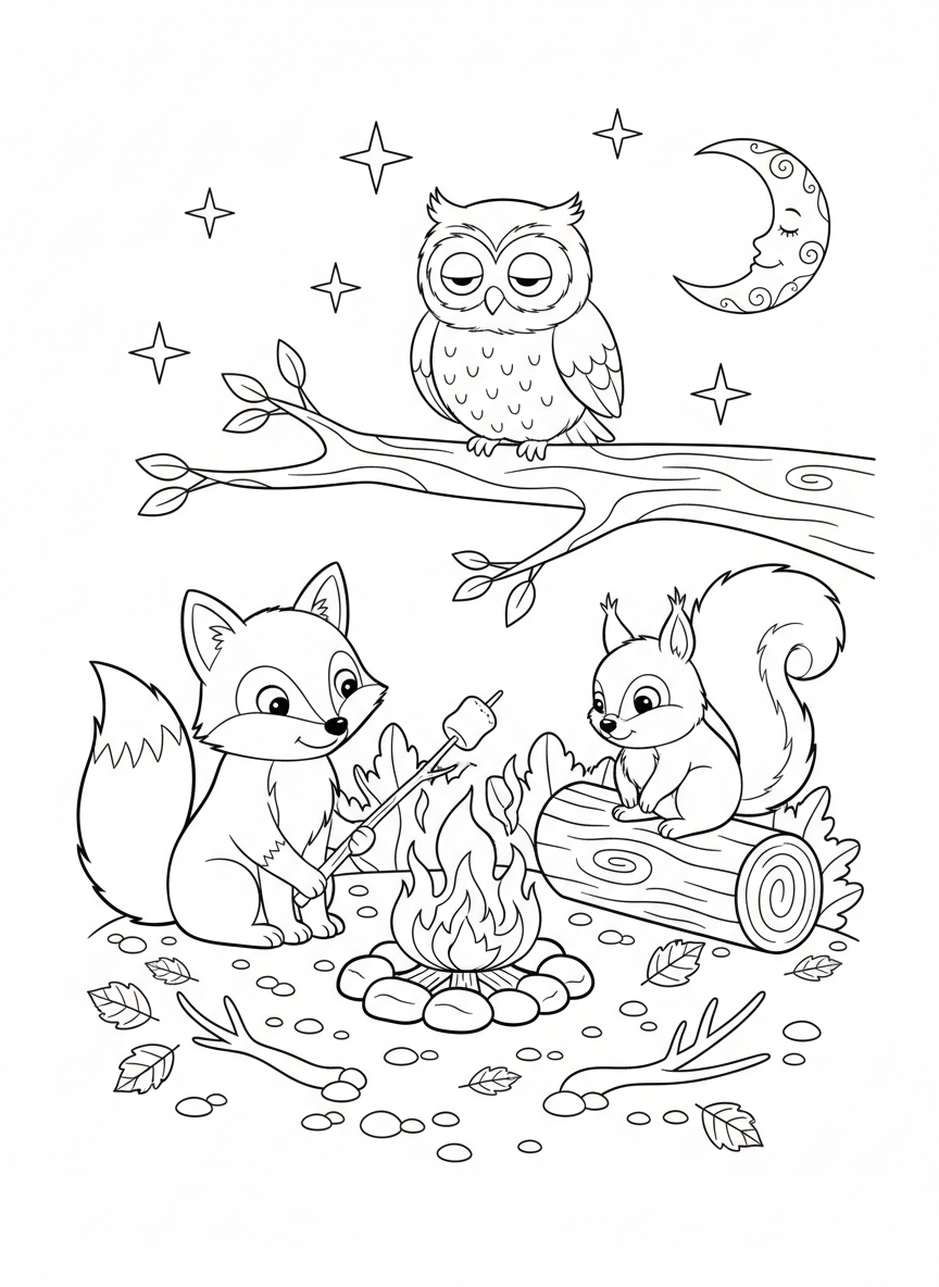 Forest Friends Campfire Fun Coloring Page