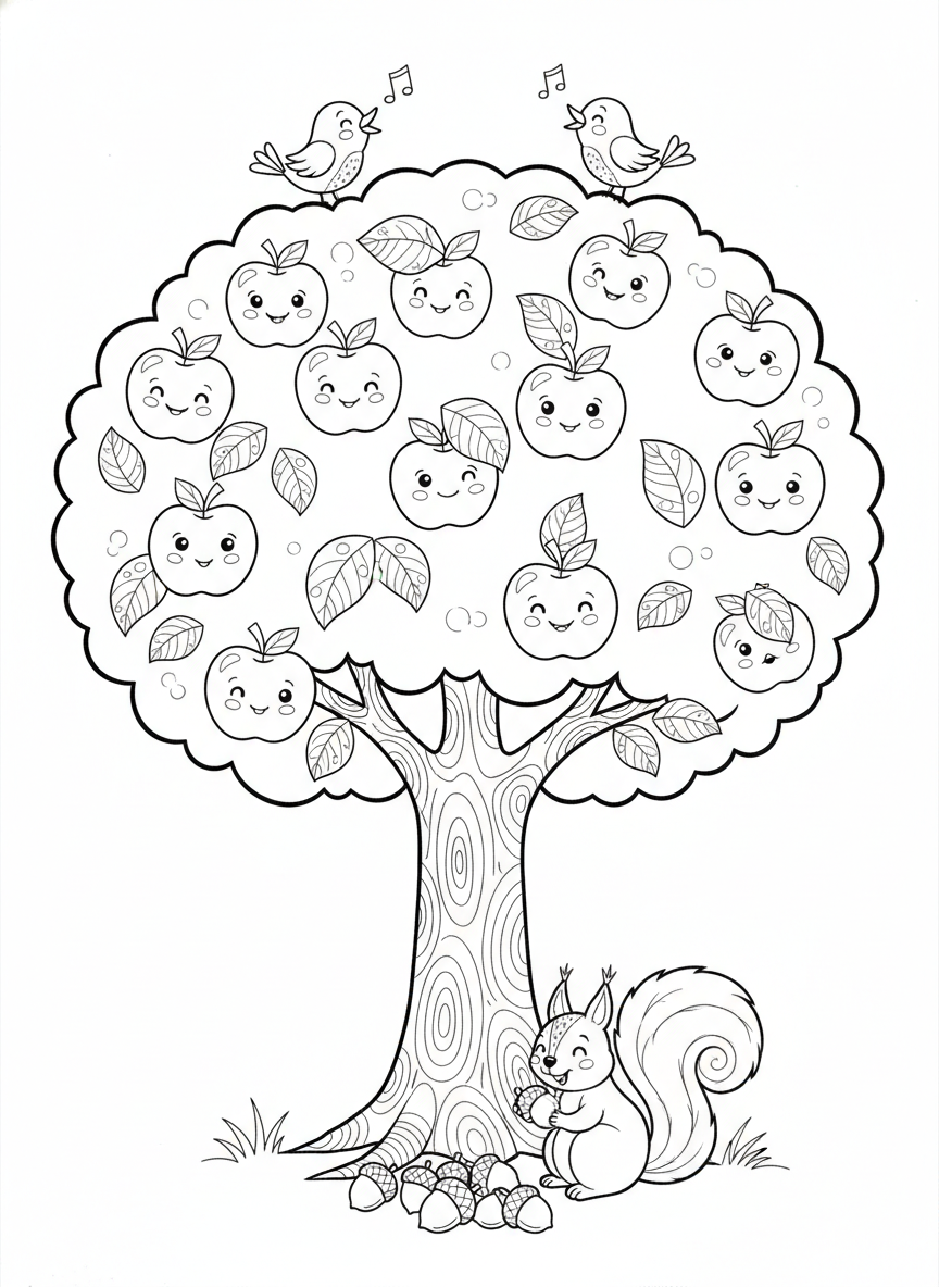 Friendly Apple Tree & Forest Friends: Kids' Coloring Page