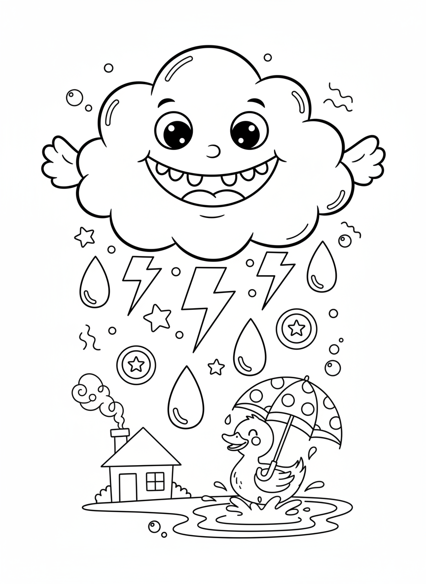 Friendly Cloud Monster Rain Fun Coloring Page