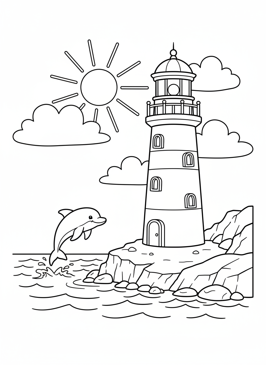 Friendly Lighthouse & Dolphin Fun Coloring Page
