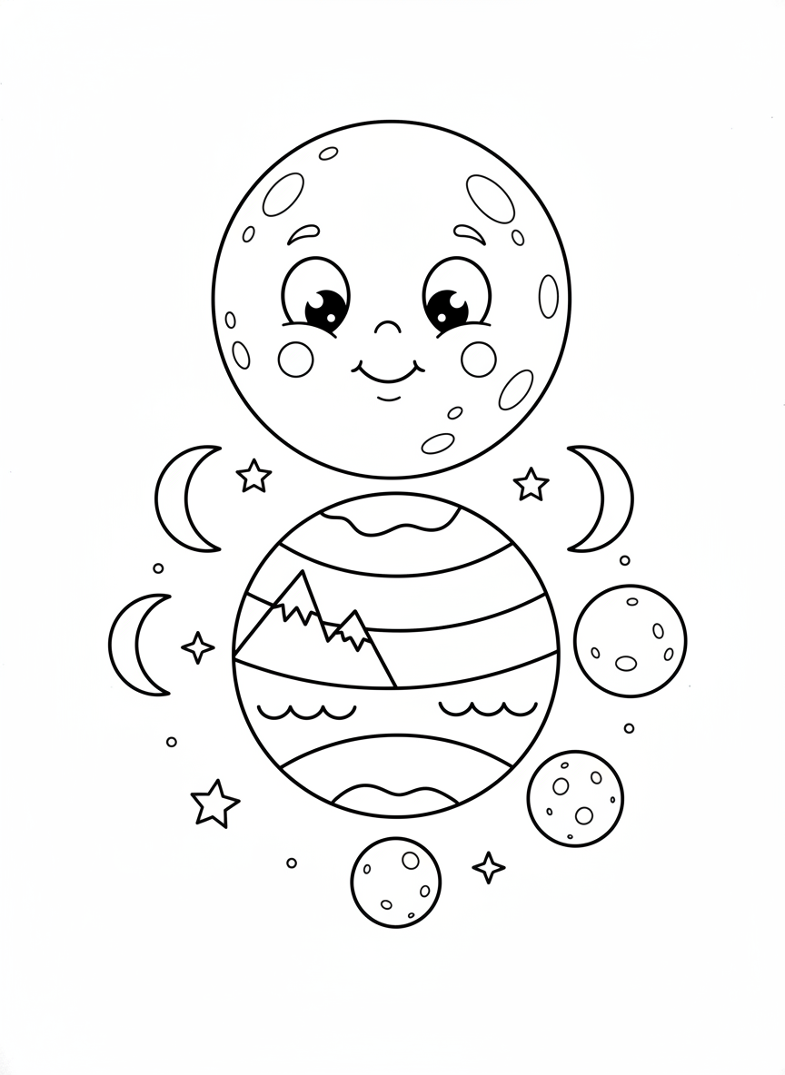 Friendly Moon & Earth Space Adventure Coloring Page