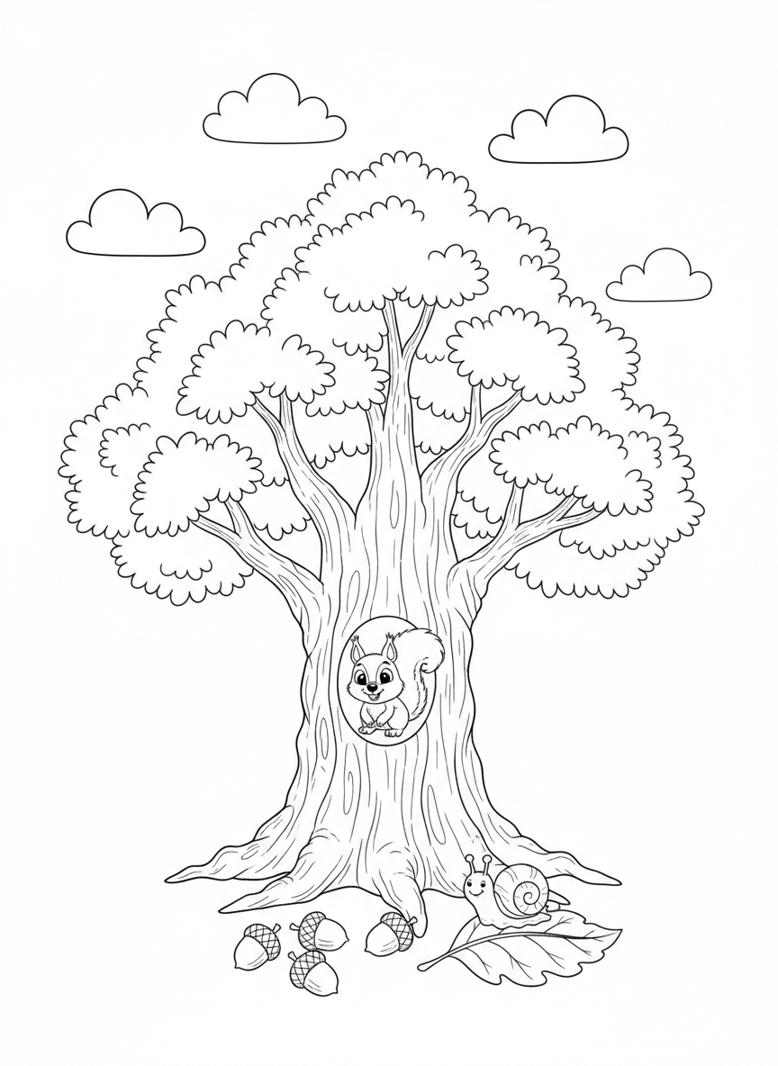 Friendly Squirrel in Majestic Oak Tree Coloring Page