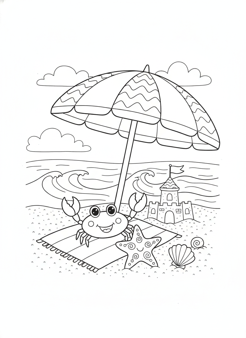 Fun Beach Day Coloring Page for Kids: Crab, Starfish & Sandcastle