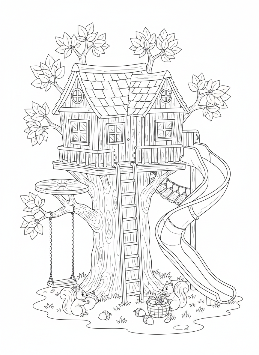 Fun Treehouse Playground Coloring Page for Kids